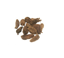 Black cardamon (brown cardamom, Amomum subulatum) on white background