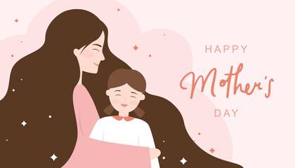 Pink background of mother's day with a mother and a girl.