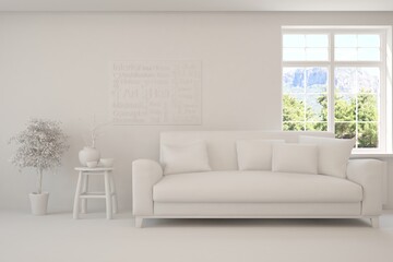 Mock up of stylish room in white color with sofa and green landscape in window. Scandinavian interior design. 3D illustration