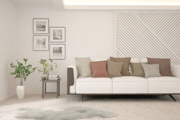 White living room with sofa. Scandinavian interior design. 3D illustration