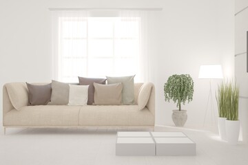 White living room with sofa. Scandinavian interior design. 3D illustration