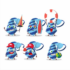 Happy Face blue tie cartoon character playing on a beach