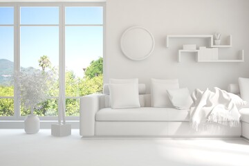 Mock up of stylish room in white color with sofa and green landscape in window. Scandinavian interior design. 3D illustration