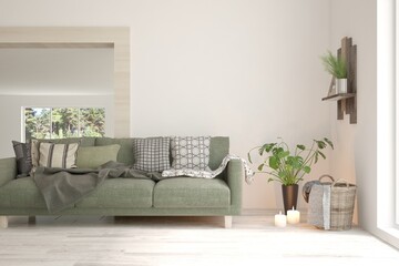 Fototapeta premium Modern living room in white color with sofa. Scandinavian interior design. 3D illustration