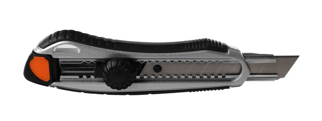 Grey utility knife isolated on white. Construction tool