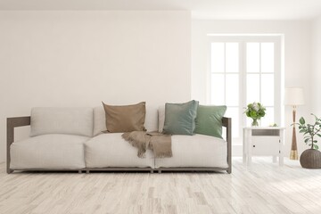 White living room with sofa. Scandinavian interior design. 3D illustration