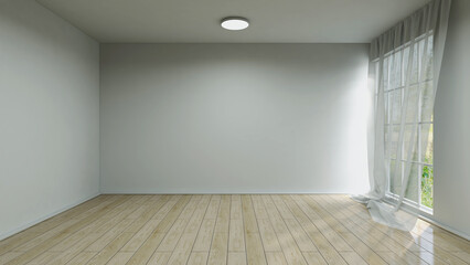 Empty room with white wall, wooden floor, wide panoramic window, drapes curtain, and ceiling lamp. 3d illustration. 3d rendering