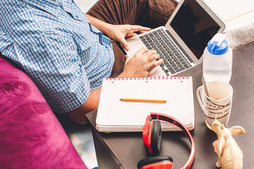 home Office. notebook, school supplies. I work at home at a table. Working from home. Desk with...