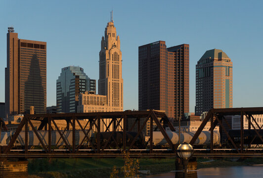A train crosses a bridge on the Scioto River in Columbus, OH