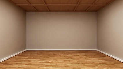 Empty room with a khaki wall, wooden ceiling, and wooden floor. 3d illustration. 3d rendering