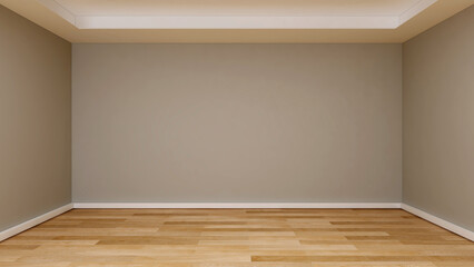 Empty room with a khaki wall, suspended ceiling, and wooden floor. 3d illustration. 3d rendering