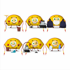 Cleaning service yellow chinese woman hat cute cartoon character using mop