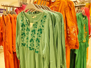 Indian colorful dresses, Fashion stylish colourful clothes display in Indian Shopping Mall.