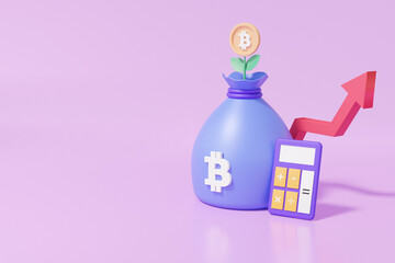 Cryptocurrency Bag bitcoin with calculator on purple background business profit investment, arrow finance strategy trade, savings, cartoon cute smooth. 3d render illustration