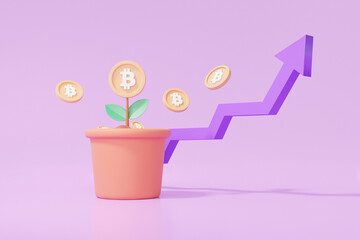 3D Finance trading arrow grow, Plant pot money tree with Cryptocurrency or bitcoin on purple background. Business profit investment, cartoon minimal. 3d render illustration