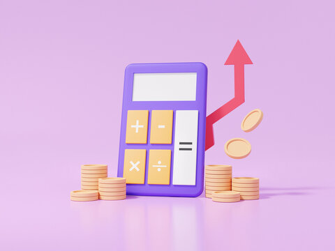 Cost reduction saving education concept. Calculator and grow stack coins, Financial graph economics analytics. on purple background. 3d render illustration