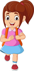 Cartoon school girl with backpack running