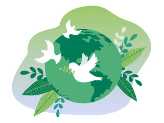 vector hand drawn illustration in flat style on the theme of earth day, save the planet, peace. globe, around which doves of peace fly.