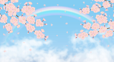 桜と青空にかかる虹で希望を感じるベクター素材