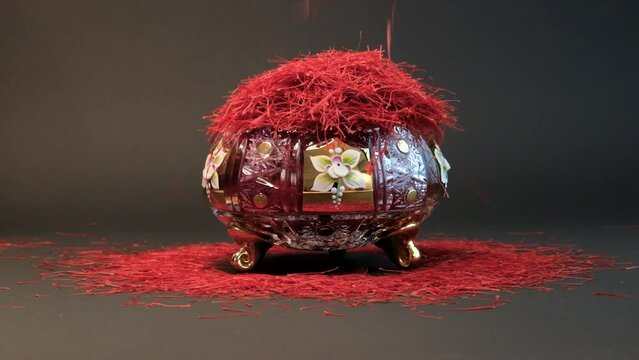 Persian saffron in a crystal dish and dark background