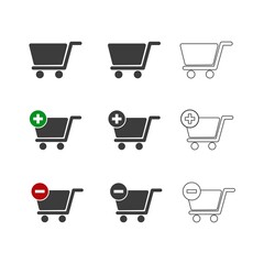 Shopping cart sign template. 3 type of shopping cart icons isolated on white background.