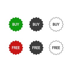 Buy and Free flat design or Buy and Free icons. 3 style of buy and free icons isolated on white background.