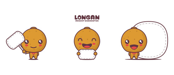 longan fruit cartoon mascot, with blank board banner