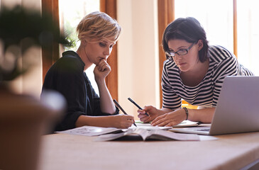 A successful business comes with a lot of hard work. A cropped shot of two focused women working together in a home office.