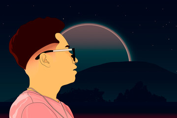 Fototapeta premium man in the moon, the forest in the mountains