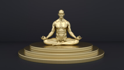 3D Render : Portrait of golden texture male character performing meditation session on the golden podium