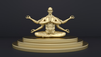 3D Render : Portrait of golden texture male character with six hands performing meditation session on the golden podium