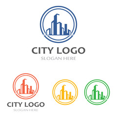 city ​​skyline, city silhouette, modern city and city center. With logo design concept, icon and symbol illustration template.