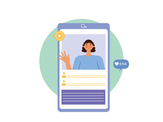 A vlogger displays the results of her video and gets a response like on her homepage. Ai vector illustration	