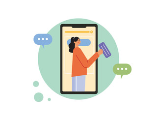 Woman writing on social media and getting response with several messages. Bloggers vector illustration