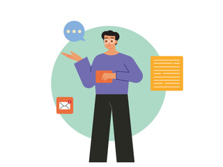 Blogger shows the results of his writing which has been responded to by chat and message. Ai vector illustration	