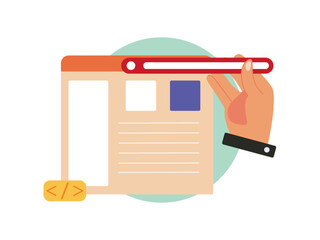 File document with programmer logo icon. One's hand holds the object closer to the file. Ai vector illustration	