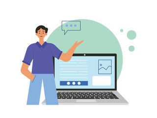Businessman presenting his work with laptop. Technology, comment, communication concept. Ai vector illustration	