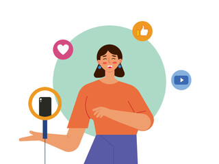 A vlogger woman creates video content that is uploaded to several platforms. Ai vector illustration	
