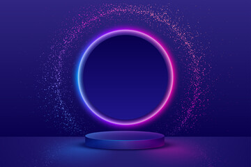 Trendy Blue 3d cylindrical pedestal podium background with glowing and sparkling circular neon light