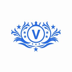 Luxury logo. Alphabet v logo design with luxury logo shape. Luxury v letter logo design. Blue color. Modern and stylish logo. V letter. V logo. V alphabet. Star symbol. Logo shape. Sign. Crown icon. 