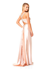 Elegant young woman posing on white background. Full length of elegant young woman in evening dress posing on white background.