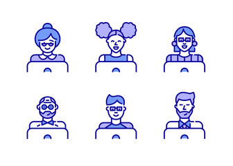 Male and female people of different ages working or learning at laptops. Pixel perfect, editable stroke color icons