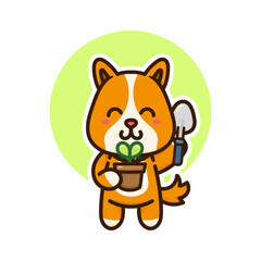 happy dog cute green plant adorable cartoon doodle vector illustration flat design style
