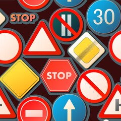 Road signs. Dark background. Auto traffic seamless pattern. Specify and limit. Top view from above. Cartoon funny style. Flat design. illustration vector