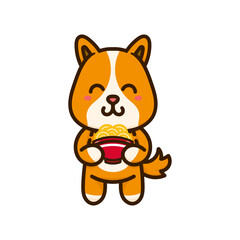happy dog cute eat noodle adorable cartoon doodle vector illustration flat design style