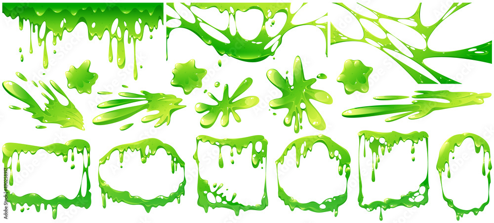 Wall mural liquid green slime splashes, border and frames from dripping poison goo. vector cartoon set of fluid