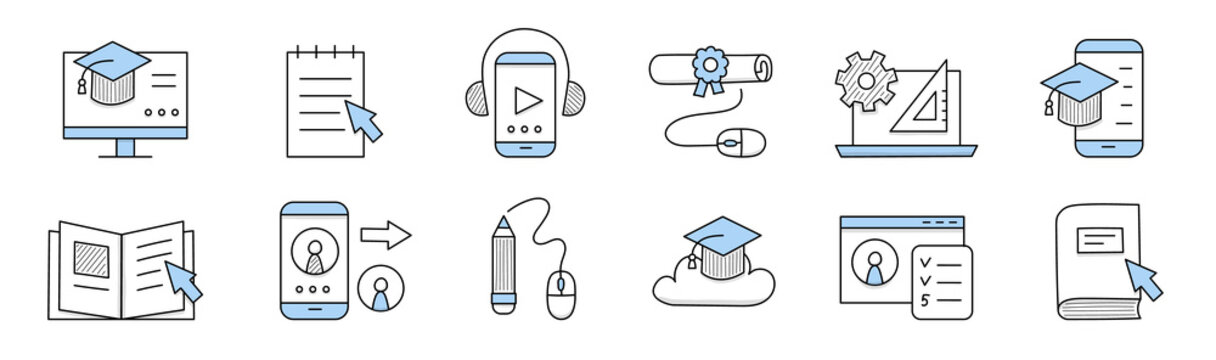 Online Education In School, College Or University Doodle Icons. Vector Outline Signs Of E-learning, Distant Training With Book, Graduation Hat, Certificate, Computer And Mobile Phone