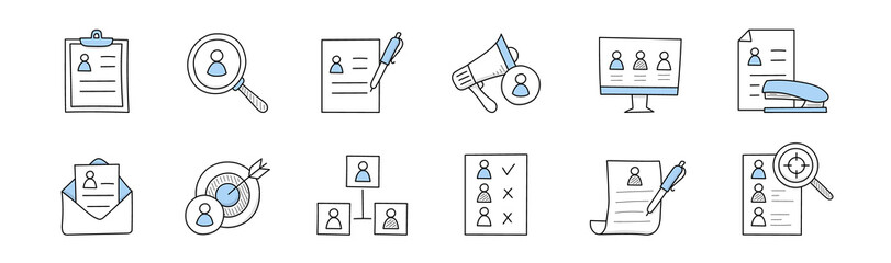 Hr doodle business icons, cv on clipboard, magnifier with candidate profile, pen filling resume, computer monitor with applicants, paper and stapler, envelope, network, Line art vector illustration © klyaksun