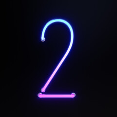 Number 2, Alphabet. Neon retro 3d number isolated on a black background. 3d illustration.