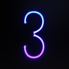 Number 3, Alphabet. Neon retro 3d number isolated on a black background. 3d illustration.